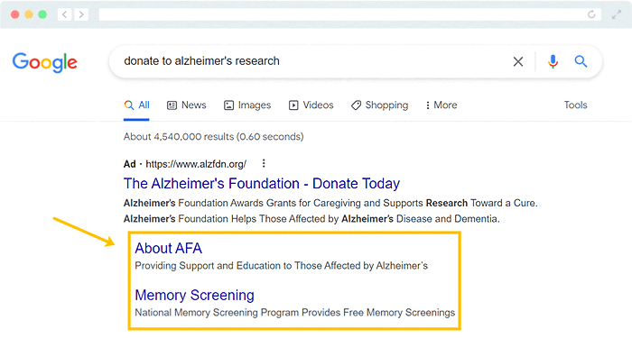 Sitelink features, shown in this example, can make Google Ad Grants confusing for newer search engine marketers.