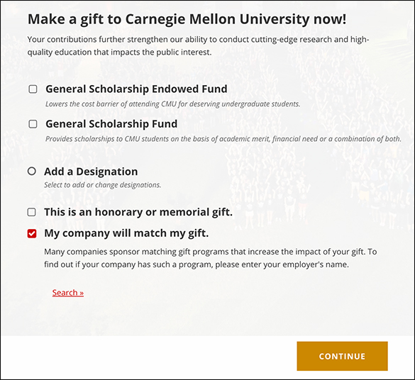Carnegie Mellon University promotes its matching gift initiative right on the donation form.
