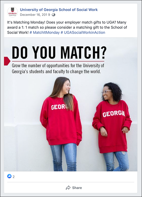 Here's an example of UGA's matching gift initiatives on social media.