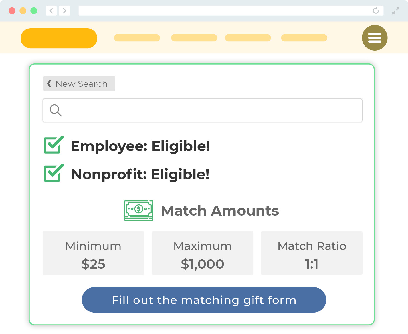 This graphic shows what a matching gift database looks like on the website of a higher education institution.
