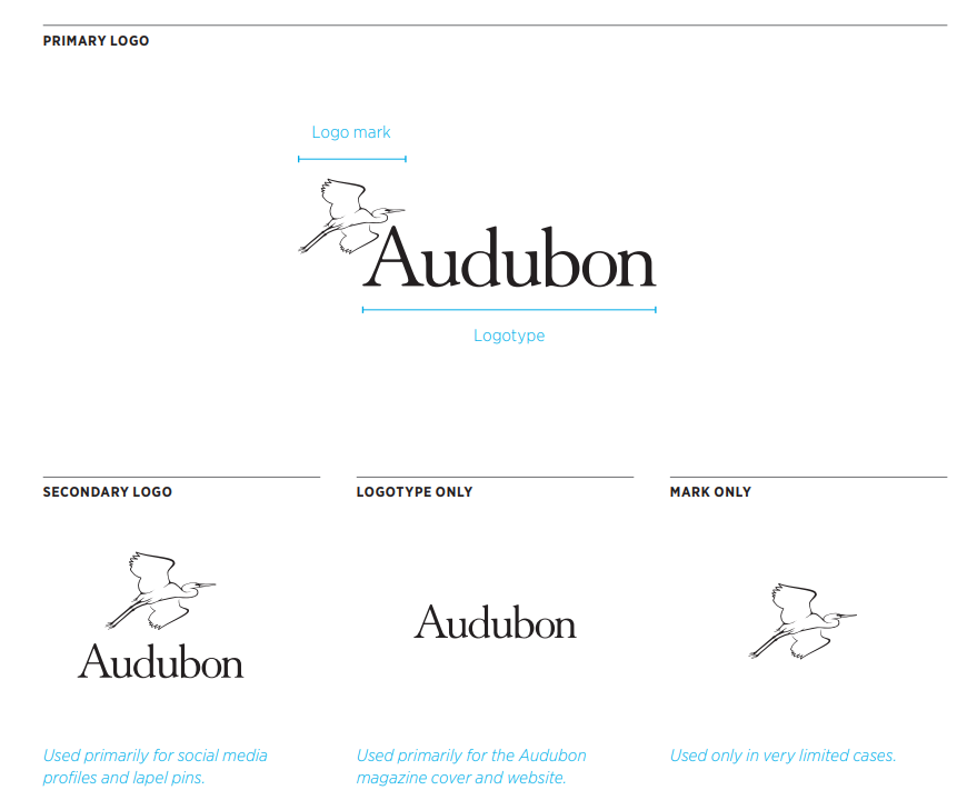A screenshot from Audubon's style guide showing the various logos they use.