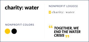 This image describes Charity: Water’s nonprofit branding strategy as seen in their guidelines.