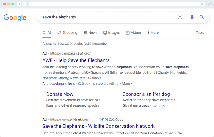 By confirming your Google Grants eligibility, you can create Google Ads like this example.