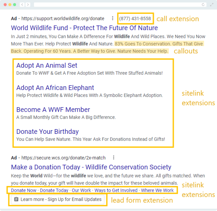 Here's an example of extensions being used to optimize a Google Grant account, with the call extension number, page call outs, lead form, and sitelink extensions highlighted in yellow.