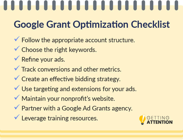 This checklist covers each step needed to optimize a Google Grant account. The steps are listed below.