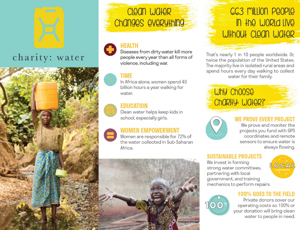 charity: water used their logo as the title of a fundraising flyer.