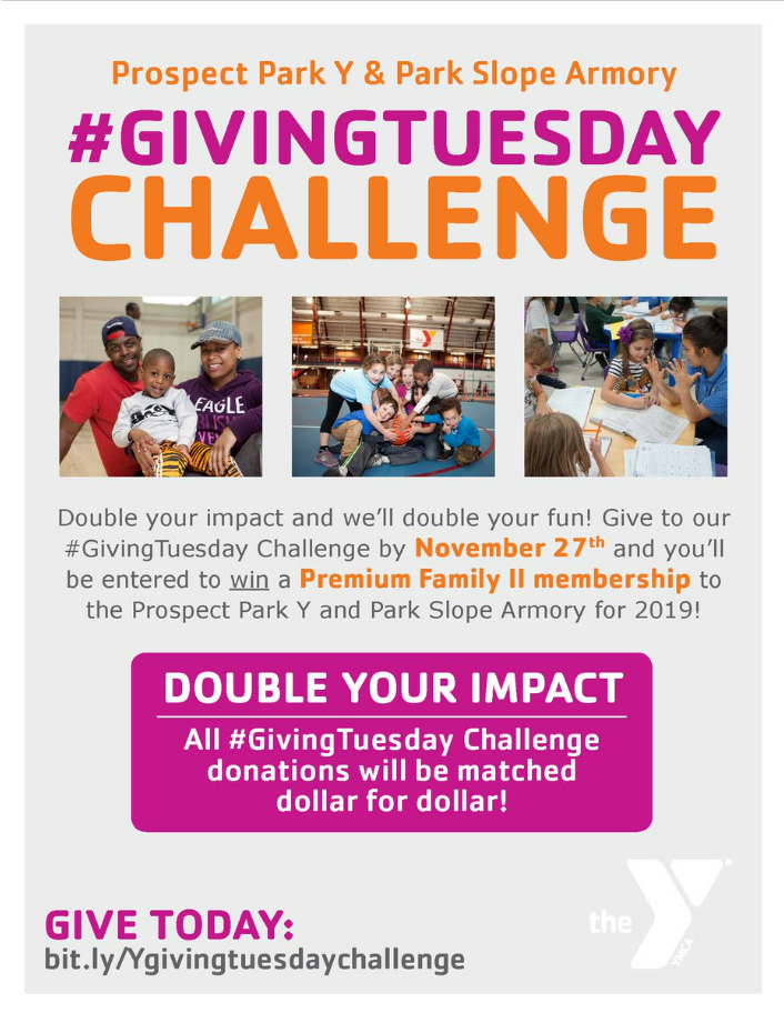 This YMCA fundraising flyer advertises a Giving Tuesday challenge.