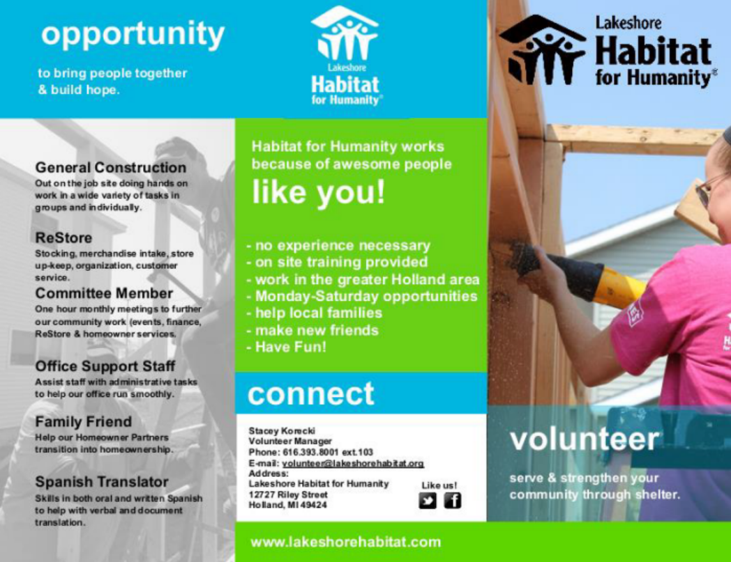 This Habitat for Humanity fundraising flyer shows volunteer opportunities.