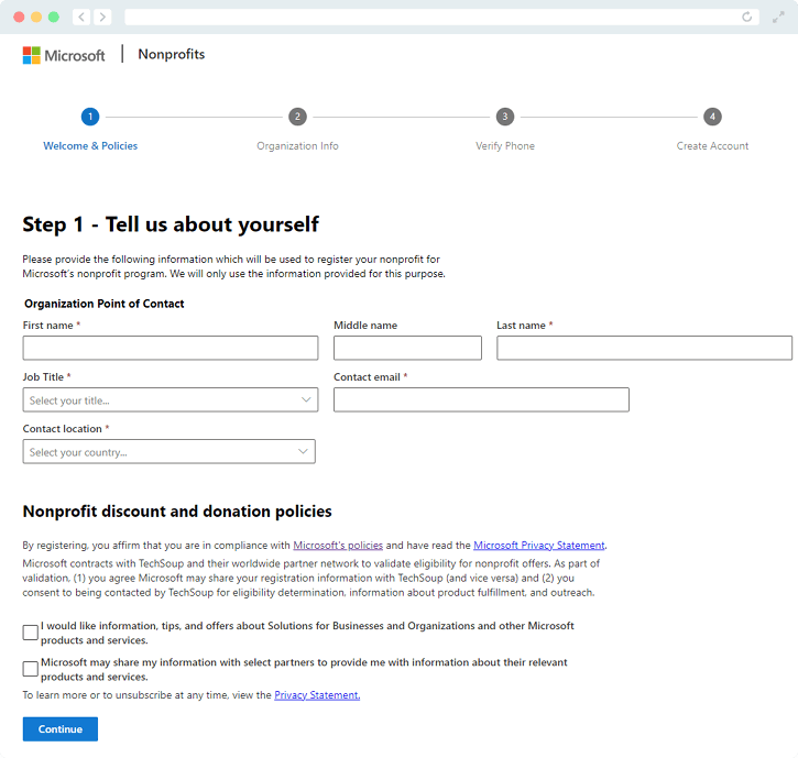The image is a screenshot of the Microsoft for Nonprofits application page.