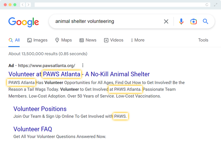 This SERP screenshot highlights the organization name “PAWS Atlanta” to show that the Google Ad was geotargeted to users in Atlanta.