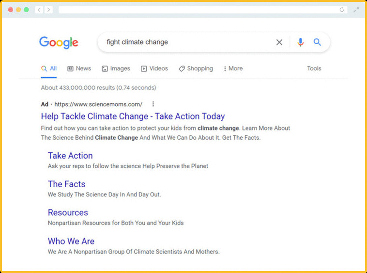 This example image shows Science Moms using Google Ads in their nonprofit marketing strategy.