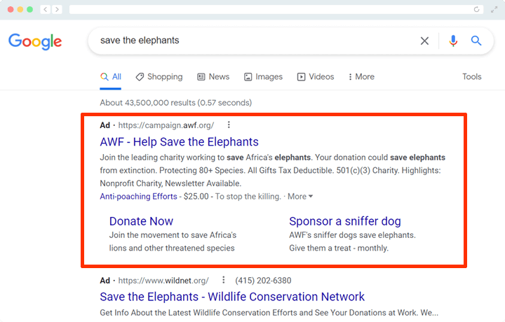 By confirming your Google Grants eligibility, you can create Google Ads like this example.