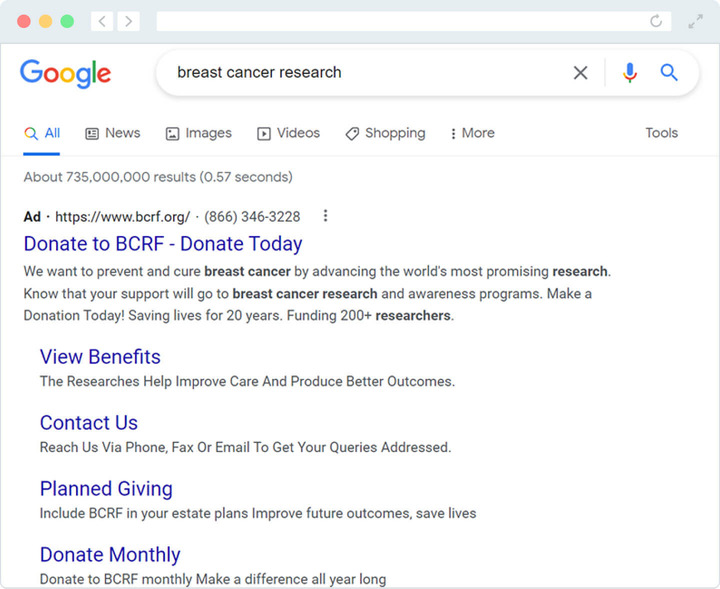 This nonprofit advertising example shows BCRF using Google Ads.