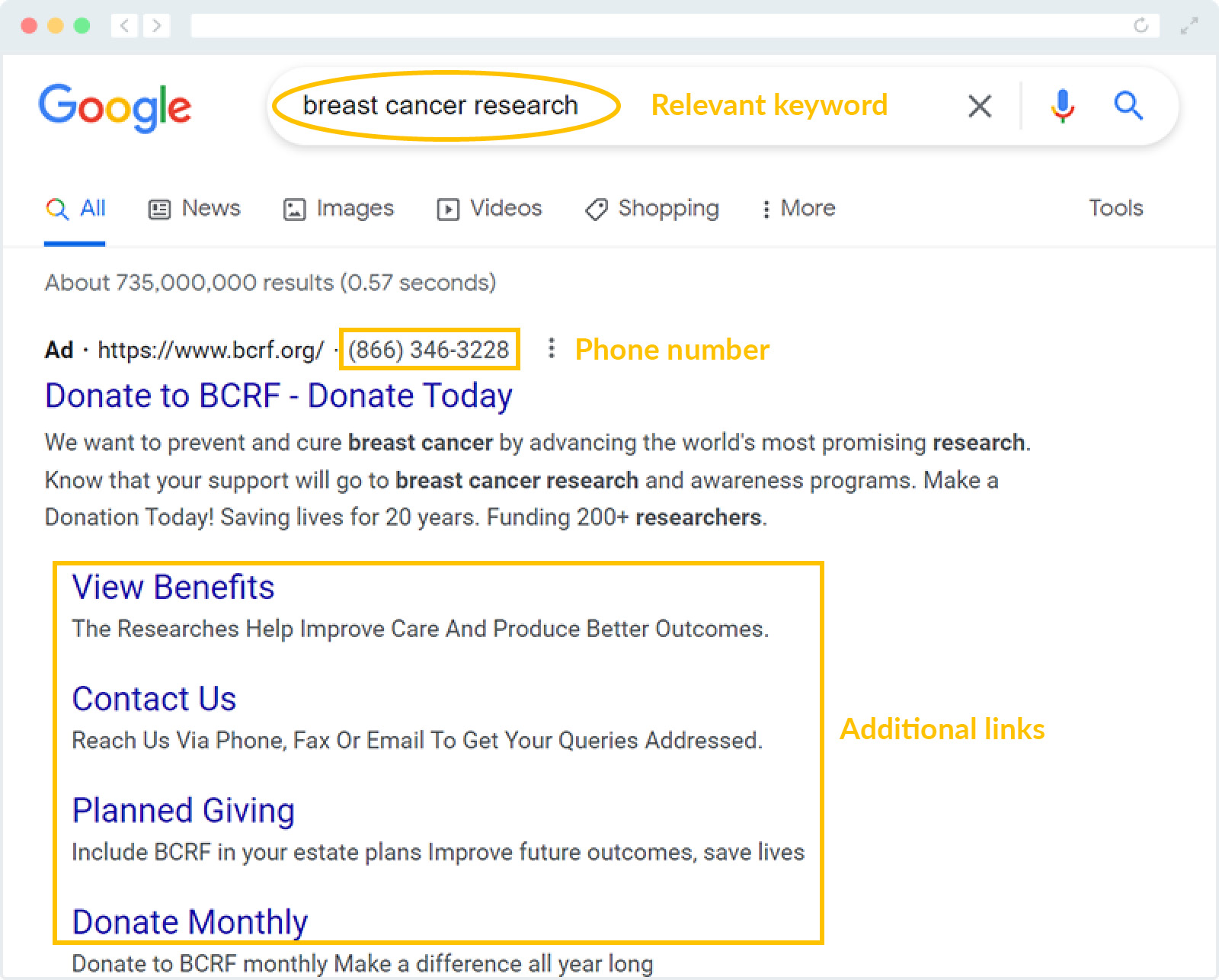 This nonprofit advertising example shows BCRF using Google Ads.