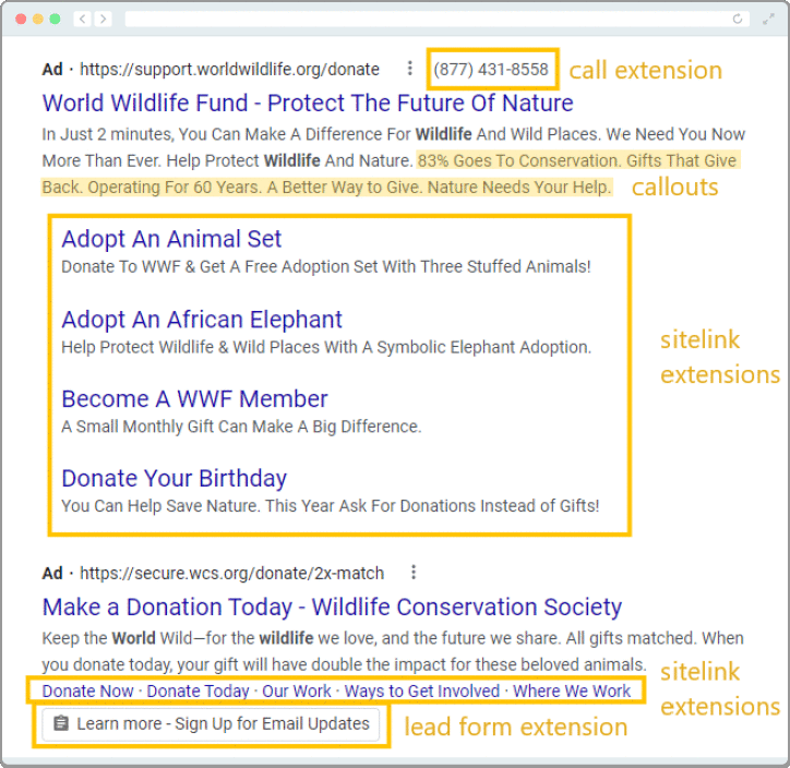 This screenshot of a WWF search ad shows the sitelink extensions required to comply with the Google Ad Grants rules, along with other types.