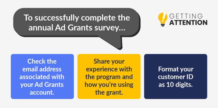 These tips will help you follow the Google Ad Grant policy regarding the annual survey.