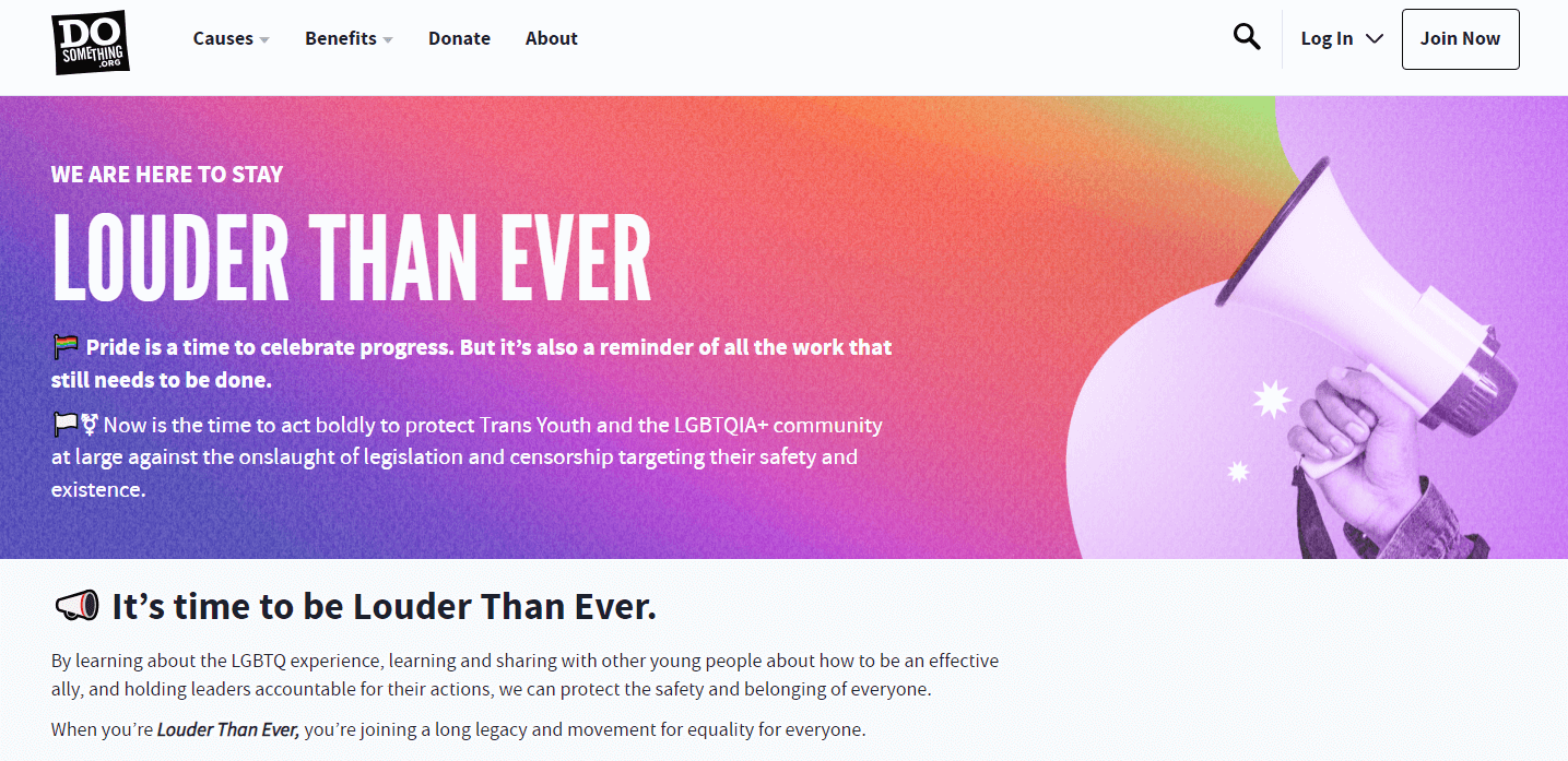DoSomething’s Louder Than Ever campaign page details how to join their nonprofit awareness campaign.