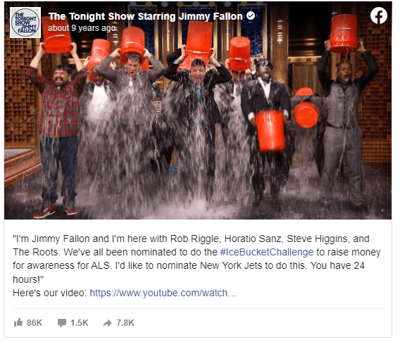 This is a screenshot of Jimmy Fallon’s Facebook post about the ALS Ice Bucket Challenge, one of the most well-known nonprofit awareness campaigns.