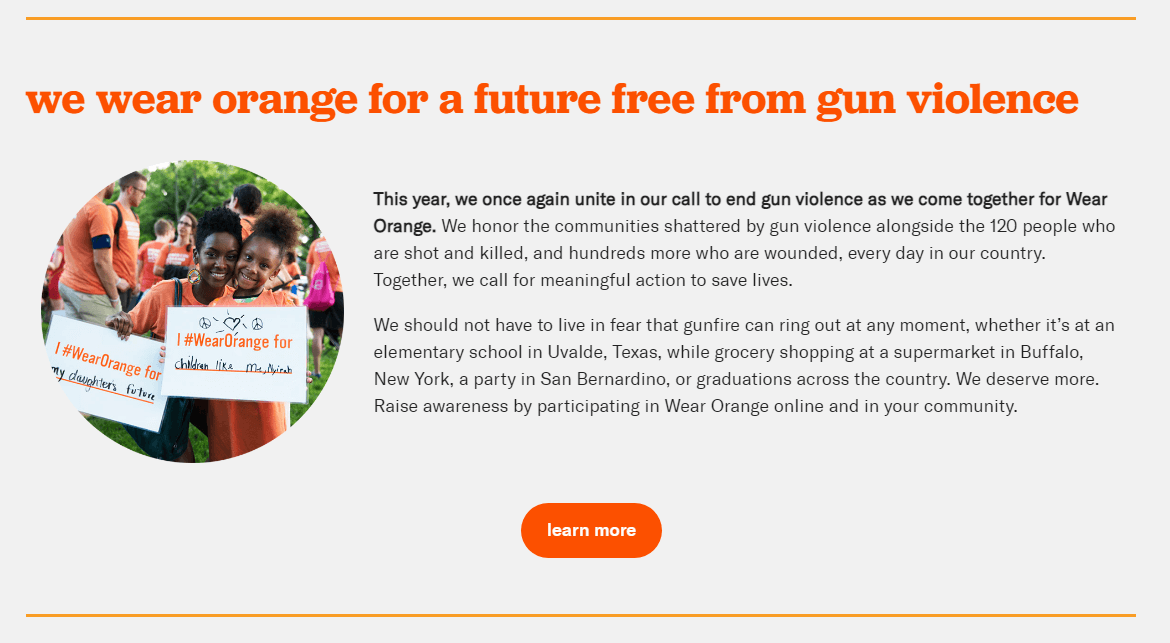 In this screenshot, the Wear Orange website explains the nonprofit awareness campaign’s mission of ending gun violence.