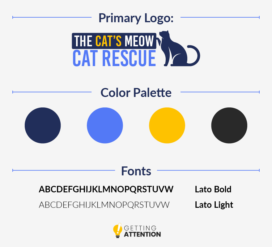 An example style guide cheat sheet that shows a nonprofit's primary logo, color palette, and fonts.