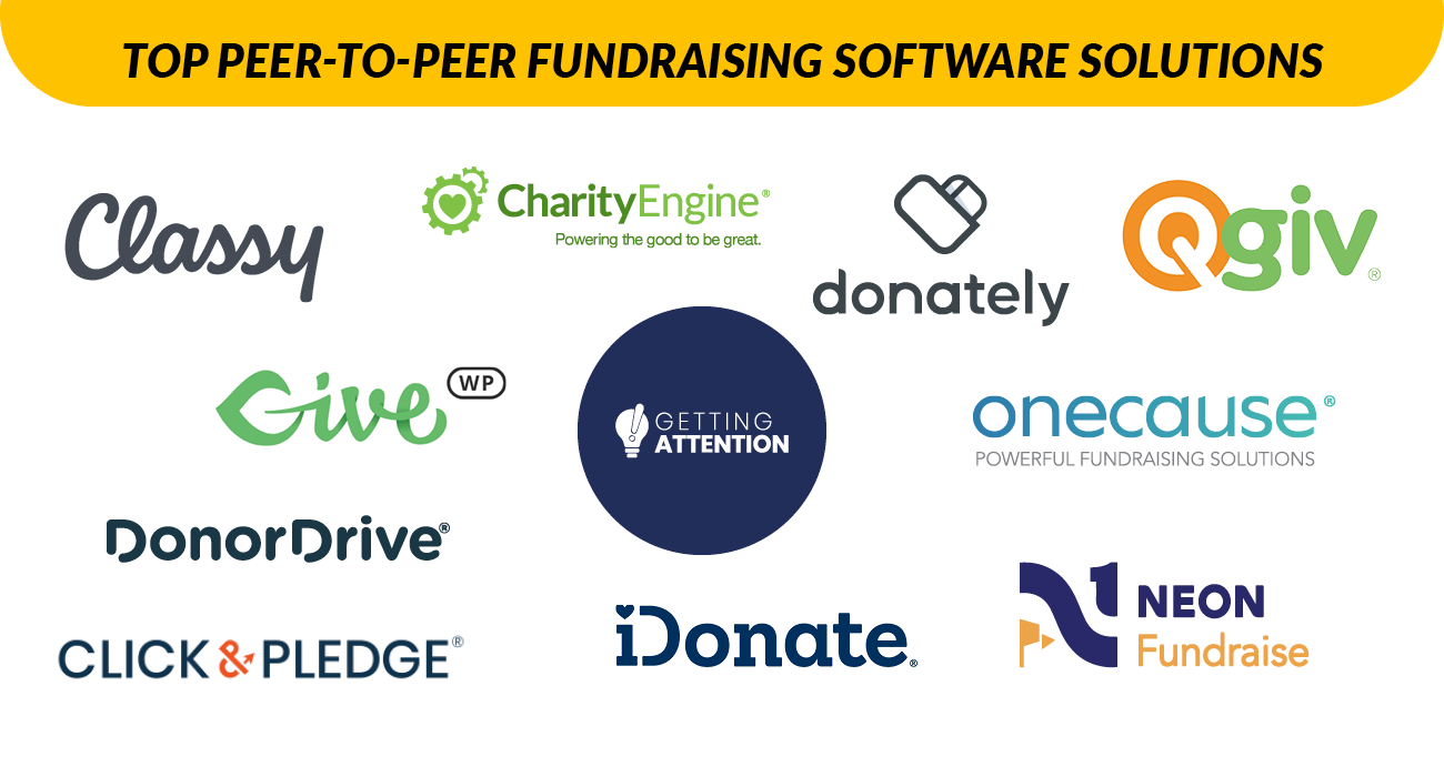 This image shows the logos of the peer-to-peer fundraising software solutions that will be covered by this guide.