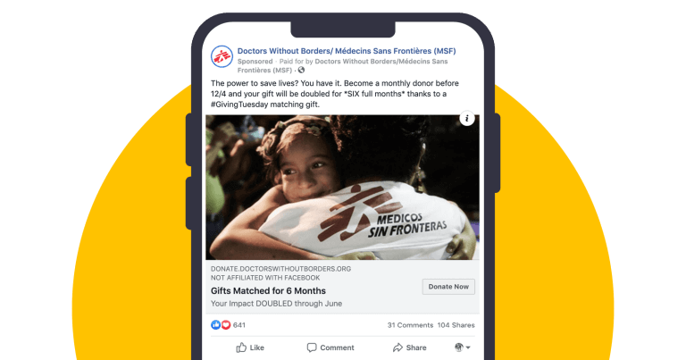 A year-end fundraising Facebook post from Doctors Without Borders that encourages followers to become monthly donors