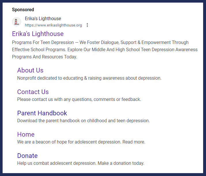 An example of a nonprofit Google Ad from Erika's Lighthouse to promote education around adolescent mental health