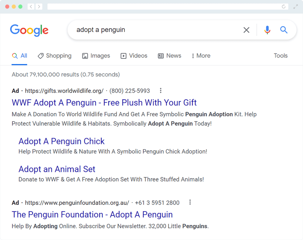 A Google Ad example from the World Wildlife Fund that promotes its Adopt A Penguin kit