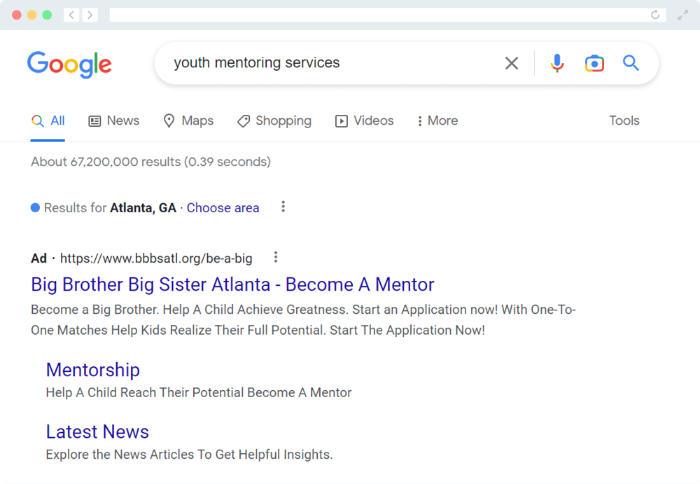 A screenshot of a Google search for the keyword "Youth mentoring services" that identifies that the searcher is in Atlanta, GA.