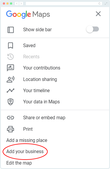 The Google Maps menu with the "Add your business" highlighted. 