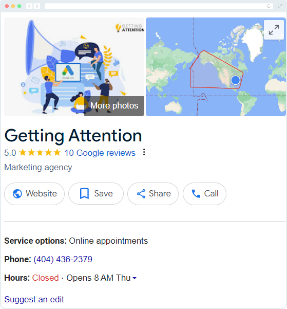 A screenshot of Getting Attention's Google My Business profile.