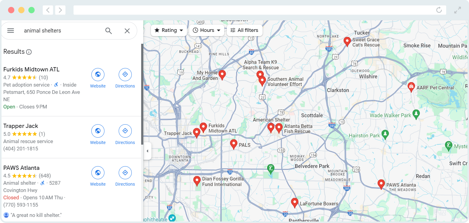 A screenshot of Google Maps showing off a number of local animal shelters that have completed their Google My Business profiles.