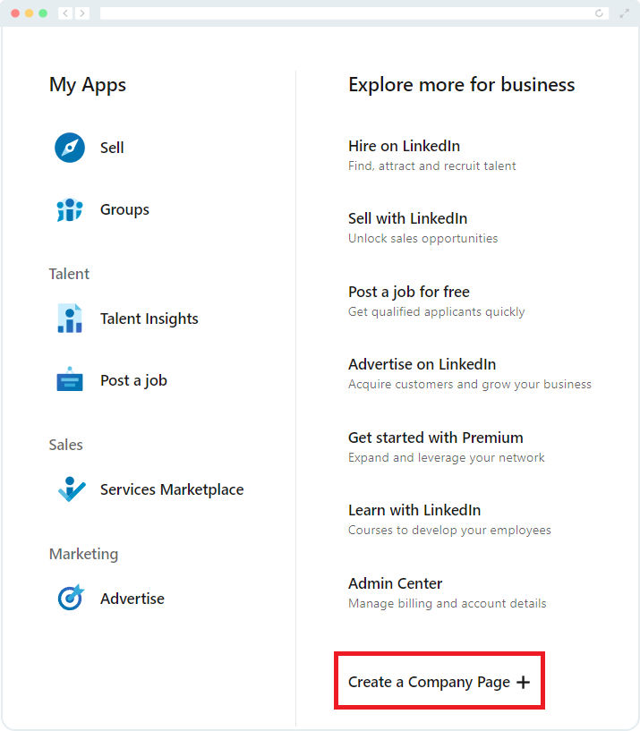 A screenshot of the LinkedIn option menu, prompting nonprofits to click "Create a Company Page."