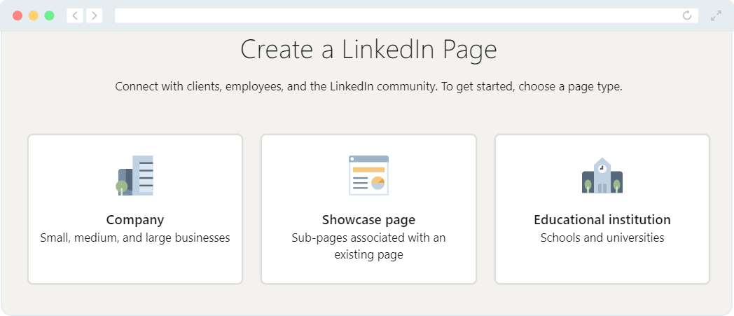 A screenshot of the different types of LinkedIn company pages. 