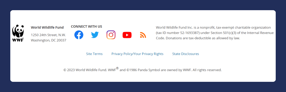 To increase transparency and meet relevant 501(c)(3) website standards, WWF displays its EIN and contact information in its footer menu.