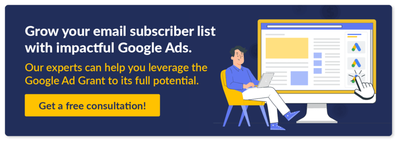 Grow your email subscriber list with compelling Google Ads. Get a free consultation with our team to learn more about the Ad Grant.