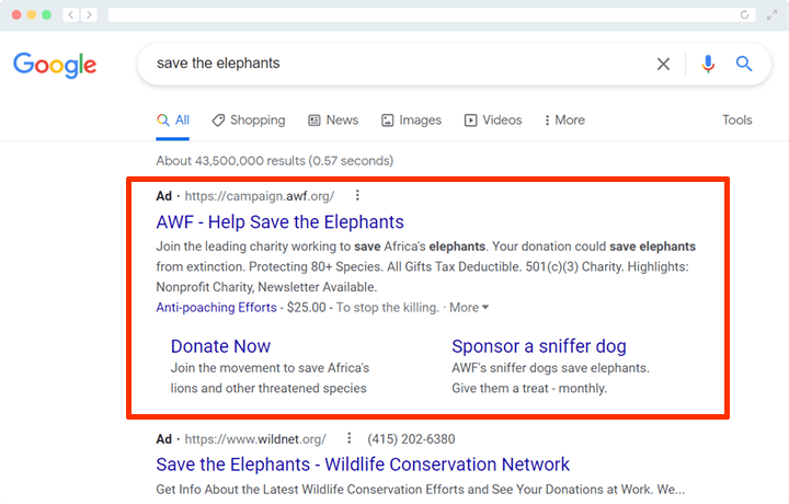 An illustration showing the layout of a Google search results page that labels the search box, Google Ads, and organic results