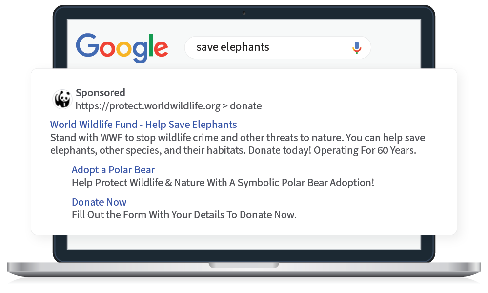 By confirming your Google Grants eligibility, you can create Google Ads like this example from WWF.