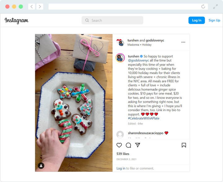 An Instagram post that features a plate of decorated cookies in support of God's Love We Deliver's efforts to alleviate hunger, particularly during the holidays