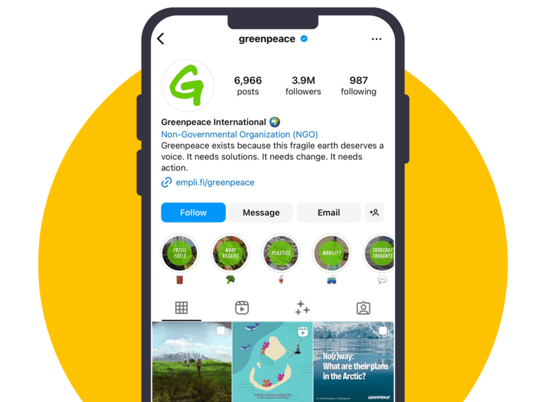 A screenshot of Greenpeace's nonprofit Instagram profile