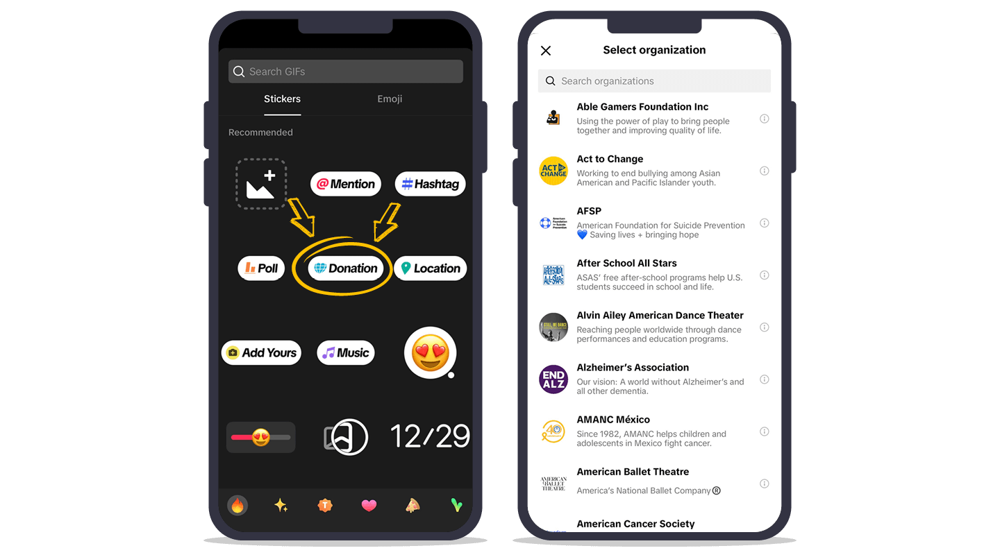 The process of how users can add Donation Stickers to their videos, one of the key features on TikTok for nonprofits