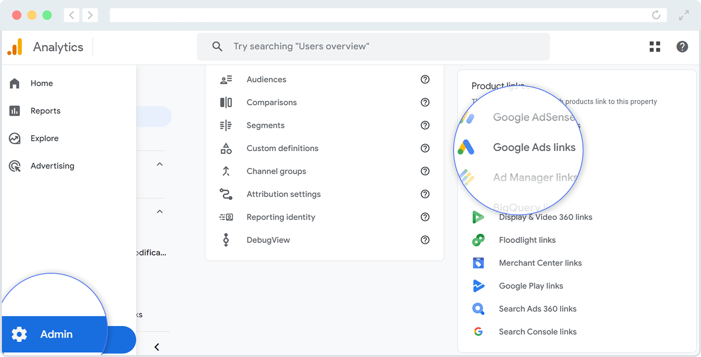 A screenshot that indicates what to click to link your nonprofit’s Google Analytics account with your Google Ad Grant account.