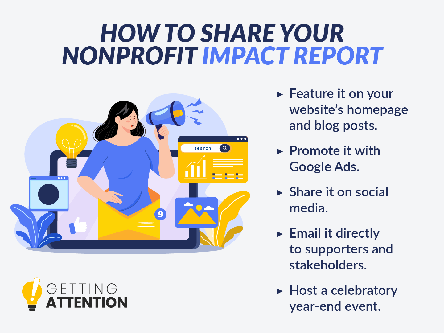 A list of ways to share your nonprofit annual report with supporters, written below