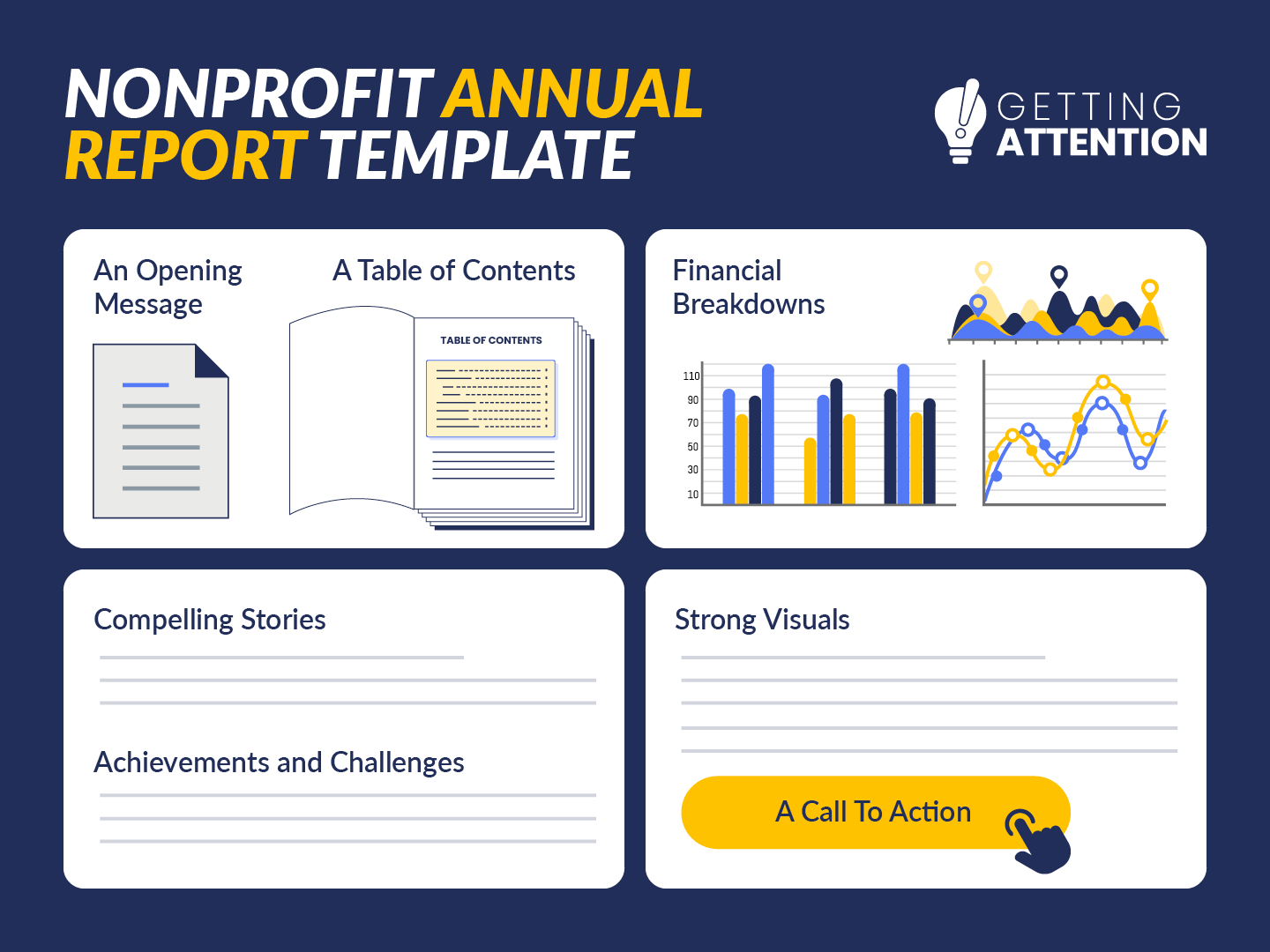 A nonprofit annual report template that includes key elements that are explained below