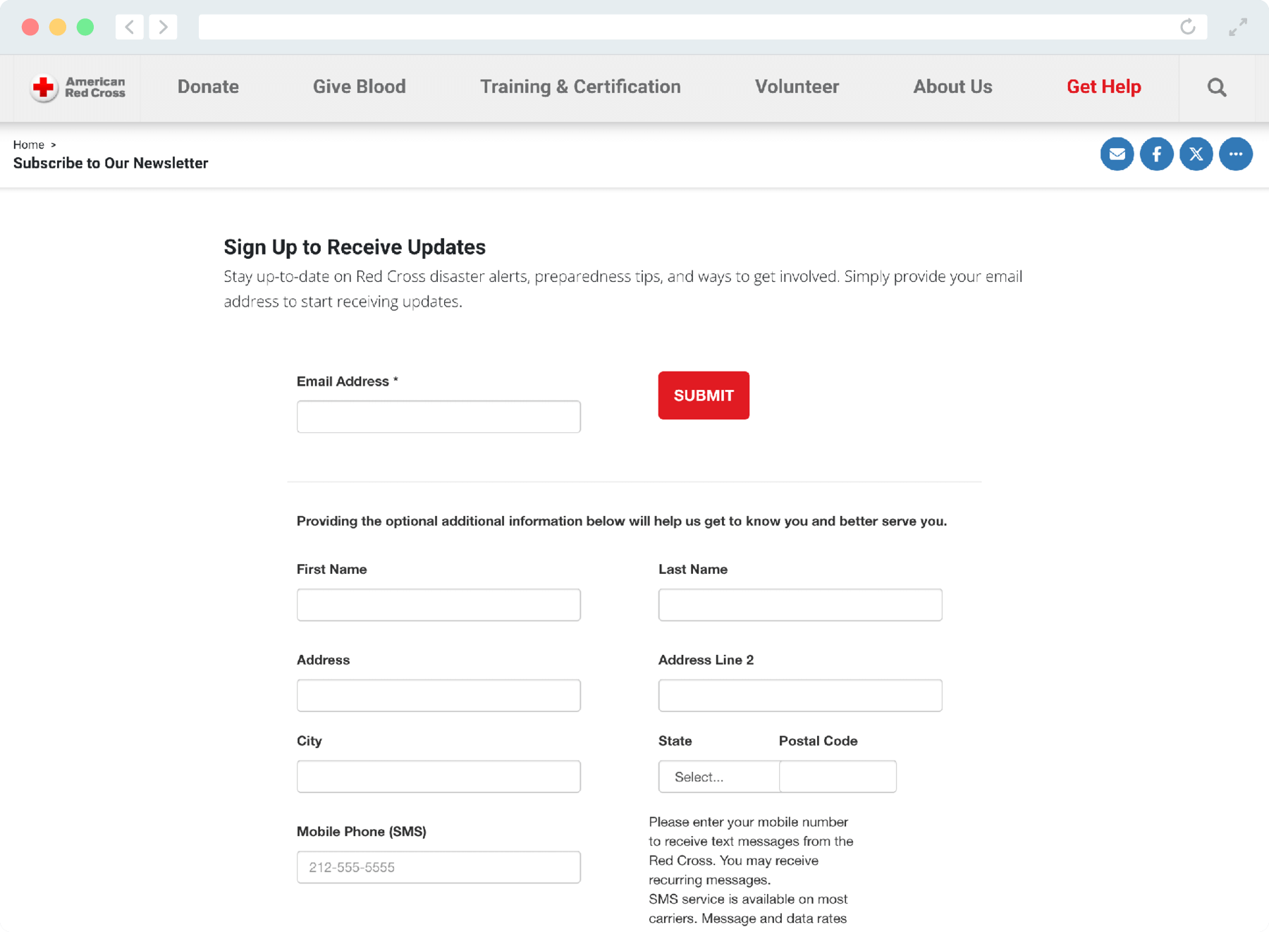 A nonprofit email newsletter sign-up page for the Red Cross