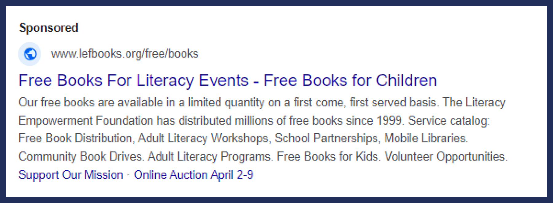 A Google Ad for the Literacy Empowerment Foundation that's geared toward the nonprofit's target audience