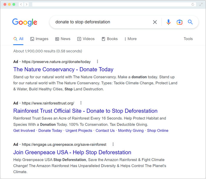 Different Google Ads that appear for the search "donate to stop deforestation"