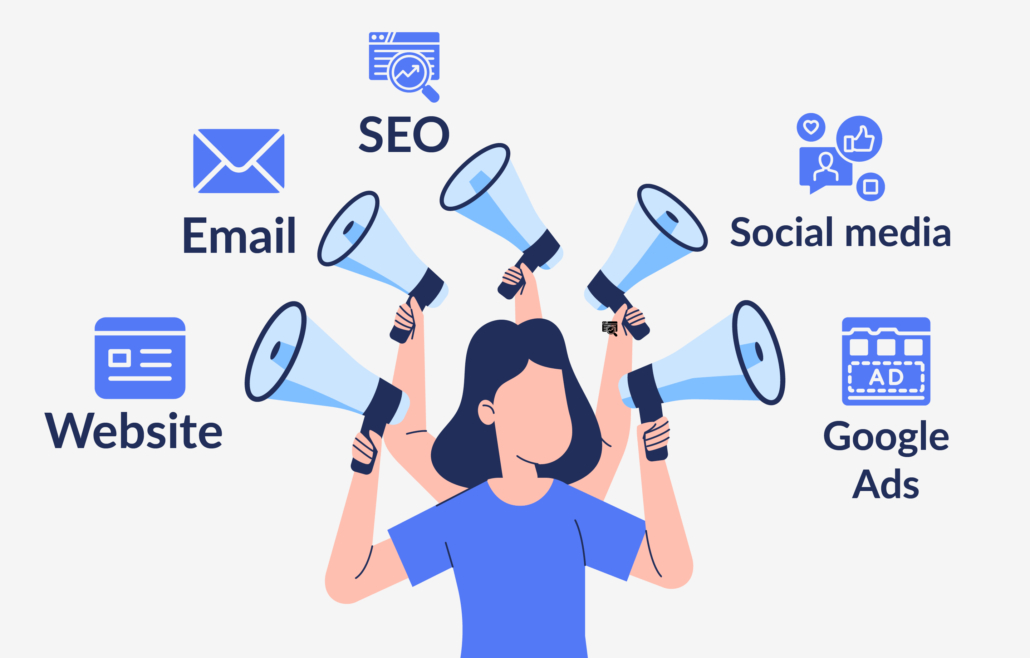 This graphic shows the five channels that should be included in a nonprofit marketing plan, which are detailed in the text below.