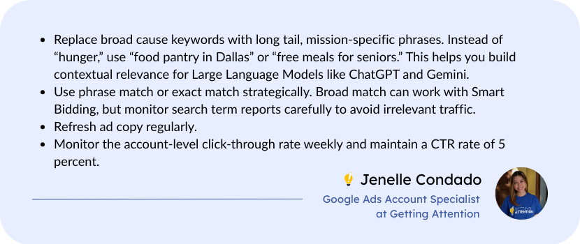 Recommendations from Ad Grant specialist Jenelle Condado at Getting Attention