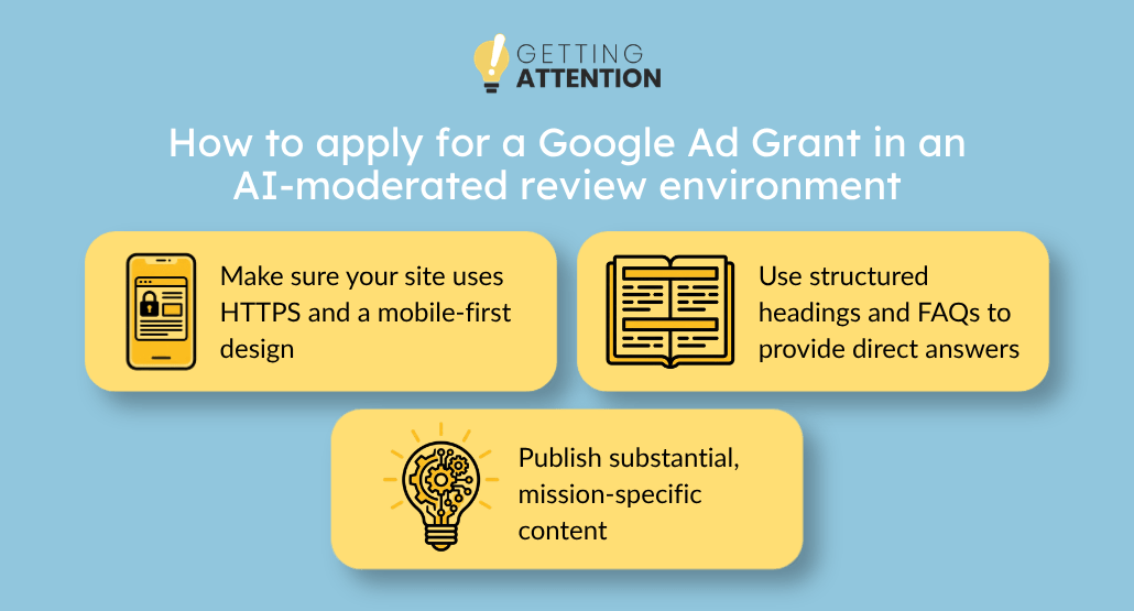 Overview of 3 ways to apply for a Google Ad Grant in an AI-moderated review environment.